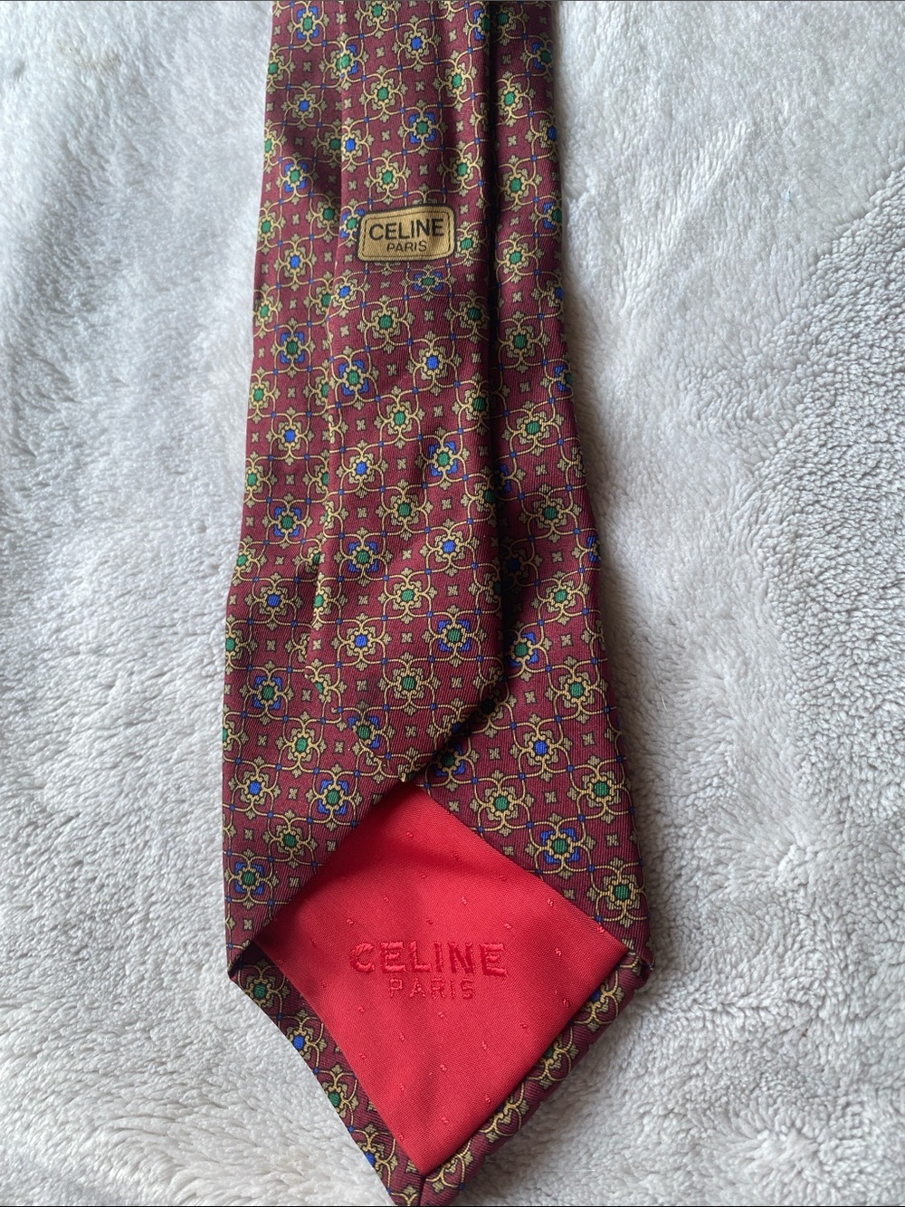 Celine Red Burgundy Silk Tie with Blue and Gold Motif